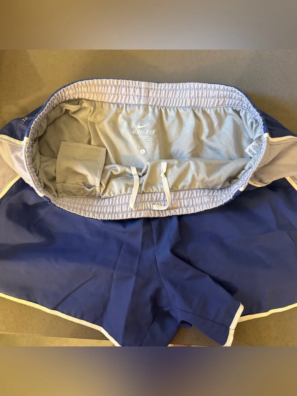 Nike Tempo Dri-Fit Lined Running Shorts Women L - Blue with white trim